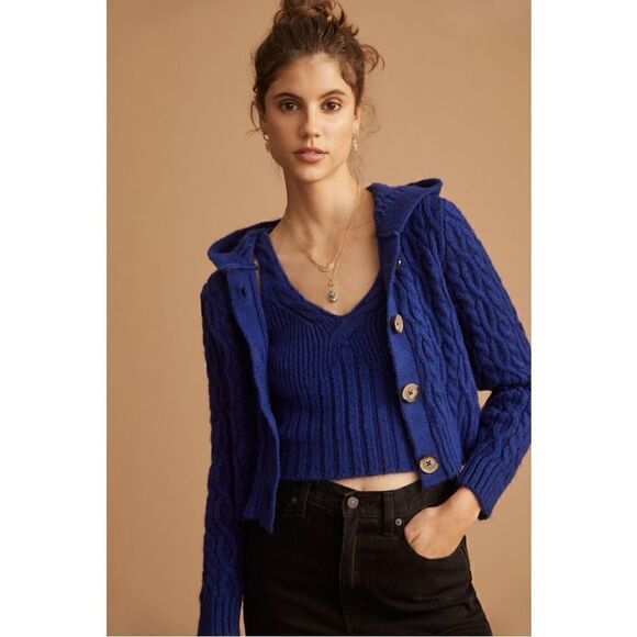 NEW Anthropologie Blue Hooded Cable-Knit Tank Top & Cardigan Sweater Set Large - Picture 1 of 6